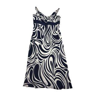 Ann Taylor Silk Midi Dress Fit Flare 4 Navy Blue White Swirl Pattern Sleeveless
